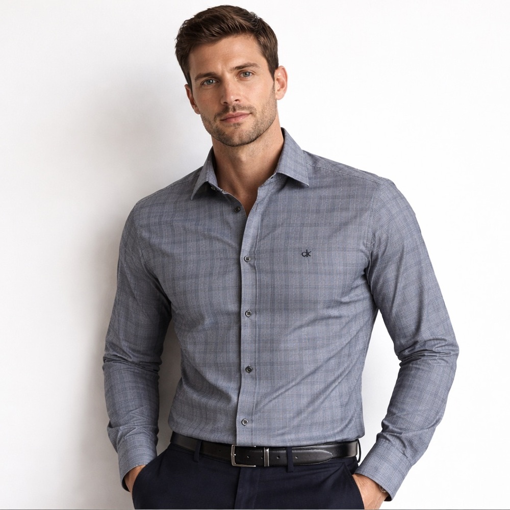 Calvin Klein Men's Blue/Gray Checkered Plaid Dress Shirt Small Slim Fit